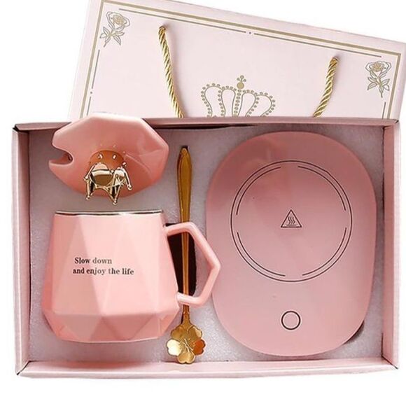 Brand New Pink coffee warmer mug& hot plate set + lid and golden spoon open box - Picture 4 of 8